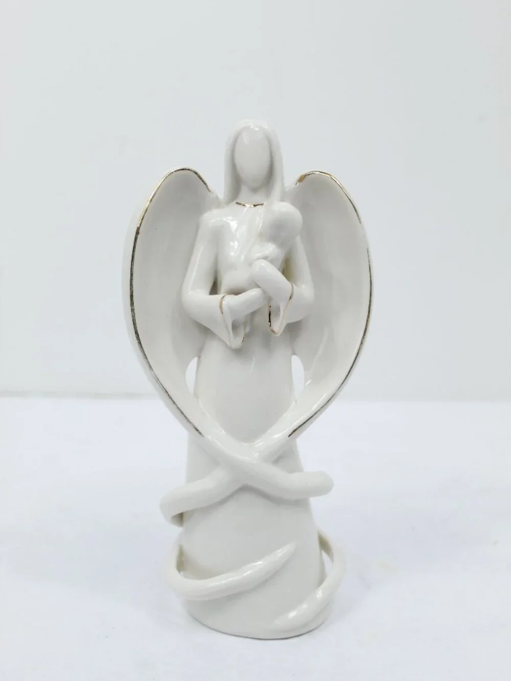 Porcelain Holiday Christmas Angel Holding Baby w/Gold Trim Figurine 8